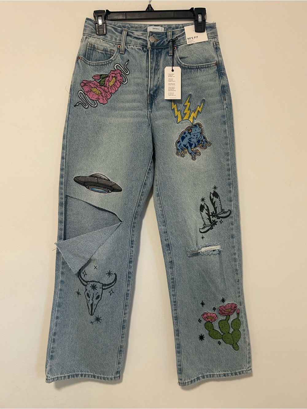Forever 21 90s Fit Blue Straight Leg Jeans with Embroidered Patches
